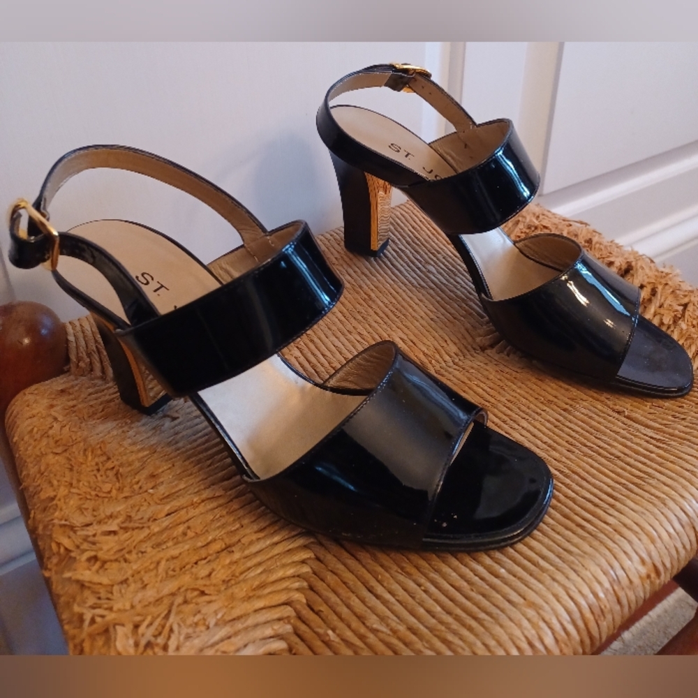 St John Size 7M Black Patent Leather Strappy High-heeled Slingbacks